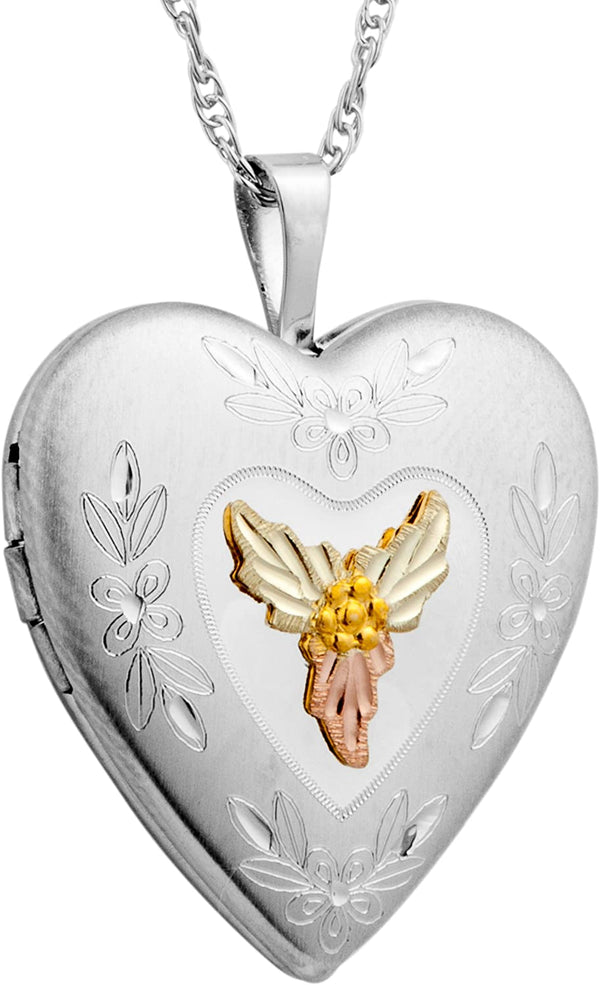 Small Heart Locket Pendant Necklace, Sterling Silver, 12k Green and Rose Gold Black Hills Gold Motif, 18"