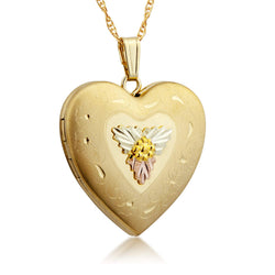 Inlaid Large Heart Locket Pendant Necklace, 10k Yellow Gold, 12k Green and Rose Gold Black Hills Gold Motif, 18"