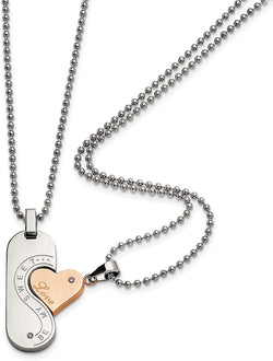 Stainless Steel, Rose Gold Plated Steel 'Be My Sweet Love' Couples Nestling Pendants Necklaces, 22"