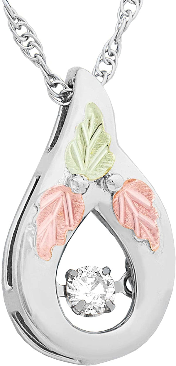Twinkling Diamond Pear Pendant Necklace, Sterling Silver, 12k Green and Rose Gold Black Hills Gold Motif, 18" (.1 Ct)