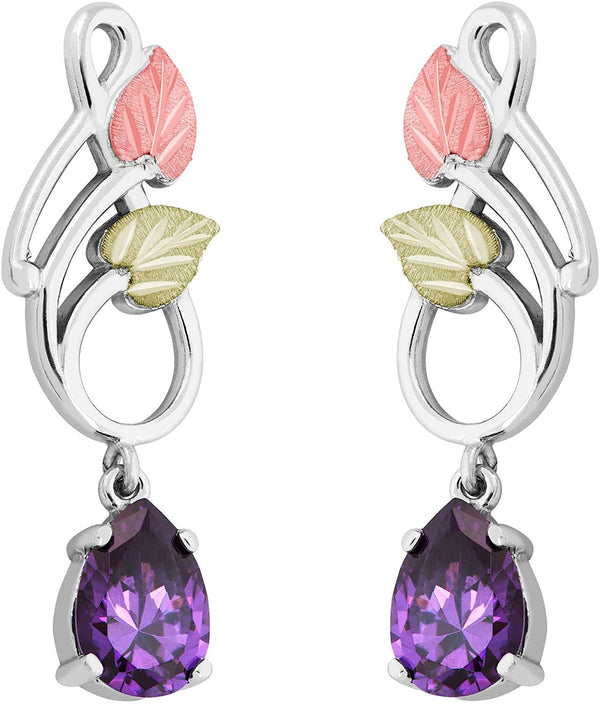Pear Amethyst CZ Dangle Earrings, Sterling Silver, 12k Green and Rose Gold Black Hills Gold Motif