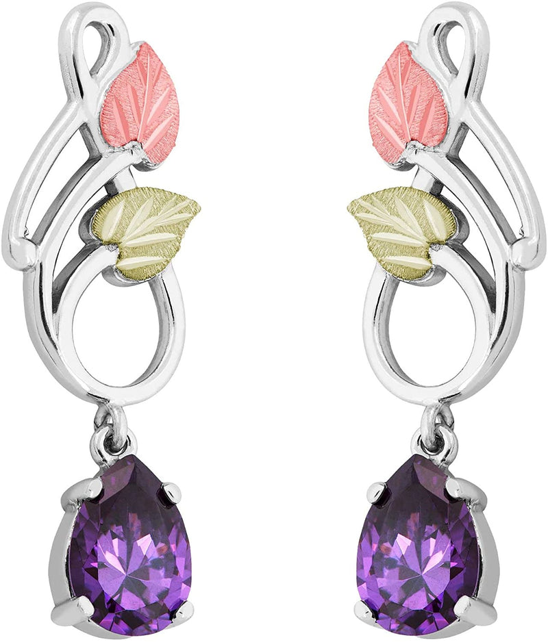 Pear Amethyst CZ Dangle Earrings, Sterling Silver, 12k Green and Rose Gold Black Hills Gold Motif