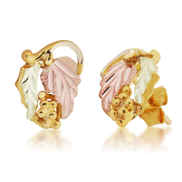 Engraved Leaf Stud Earrings, 10k Yellow Gold, 12k Green and Rose Gold Black Hills Gold Motif