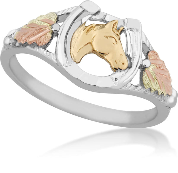 Horseshoe and Horse Ring, Sterling Silver, 12k Green and Rose Gold Black Hills Gold Motif, Size 10.5