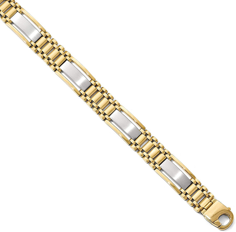 Men's Italian Two-Tone 14k Yellow and White Gold 9.25mm Bar and Panther Link Bracelet, 8 Inches