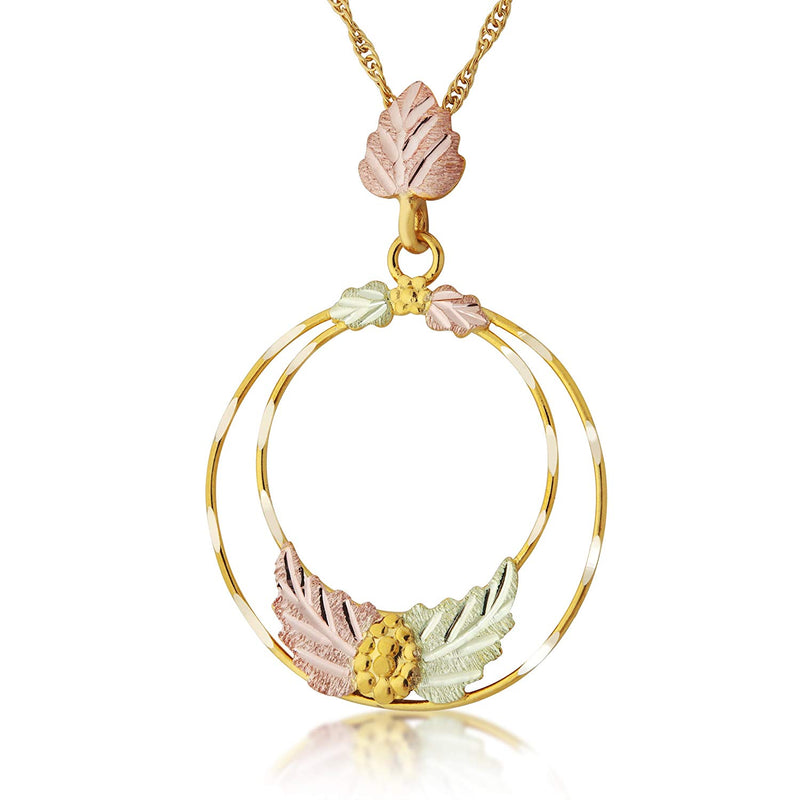 Double Circle Pendant Necklace, 10k Yellow Gold, 12k Green and Rose Gold Black Hills Gold Motif, 18"