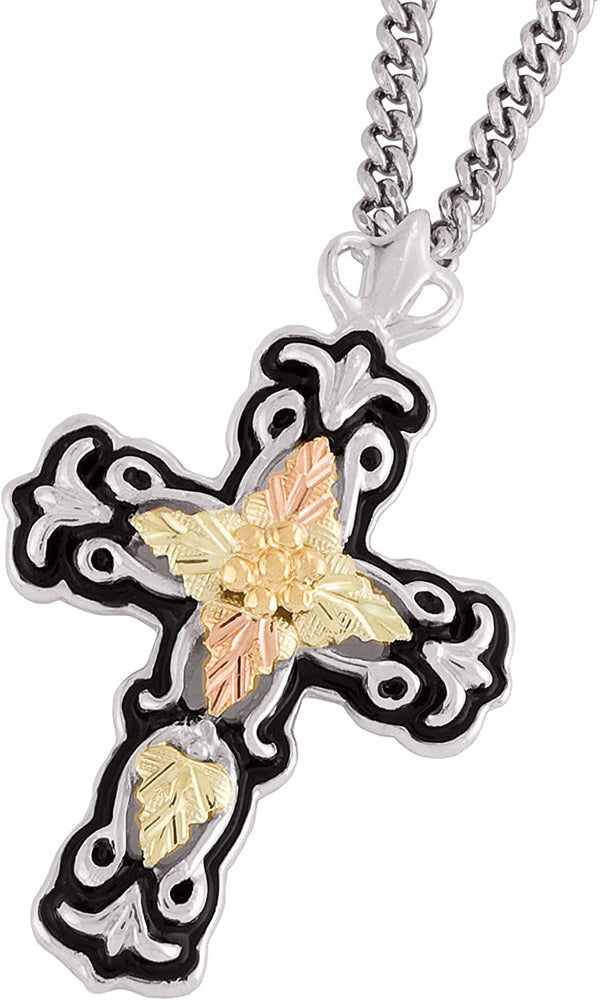 Antiqued Cross Pendant Necklace, Sterling Silver, 12k Green and Rose Gold Black Hills Gold Motif, 20"