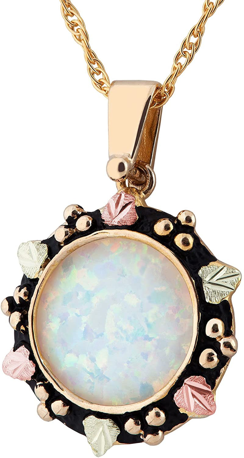 Inlaid Lab Created Opal Pendant Necklace, 10k Yellow Gold, 12k Green and Rose Gold Black Hills Gold Motif, 18"