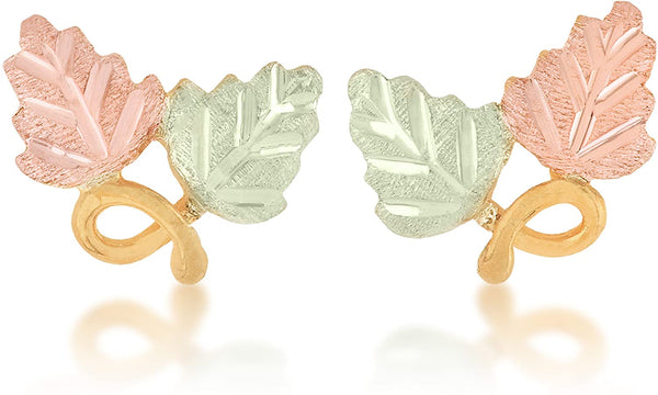 Double Leaf with Vine Earrings, 10k Yellow Gold, 12k Green and Rose Gold Black Hills Gold Motif
