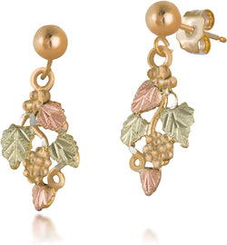 Dangling Grape Leaf Earrings, 10k Yellow Gold, 12k Green and Rose Gold Black Hills Gold Motif