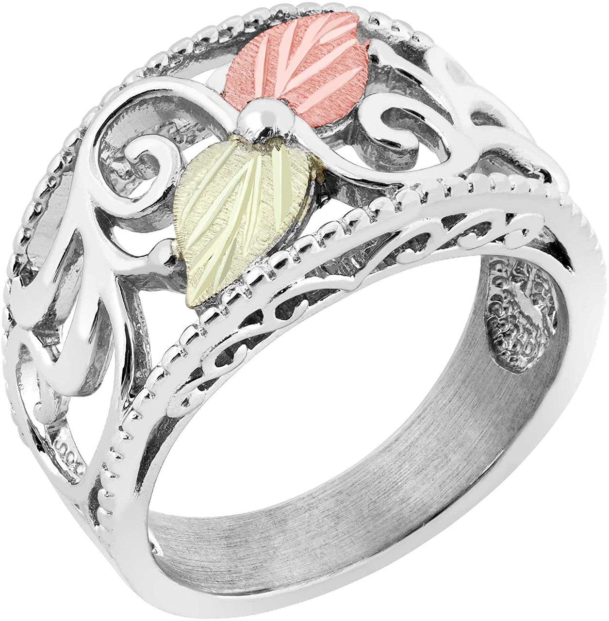 Granulated Bead Border, Scrollwork Ring, Sterling Silver, 12k Green and Rose Gold Black Hills Gold Motif, Size 9.5