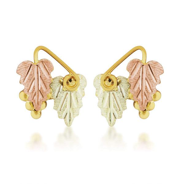 Two Leaves with Grapes Earrings, 10k Yellow Gold, 12k Green and Rose Gold Black Hills Gold Motif