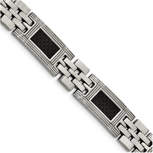 Men's Stainless Steel Black Carbon Fiber Inlay 12mm Link Bracelet, 8.75 Inches