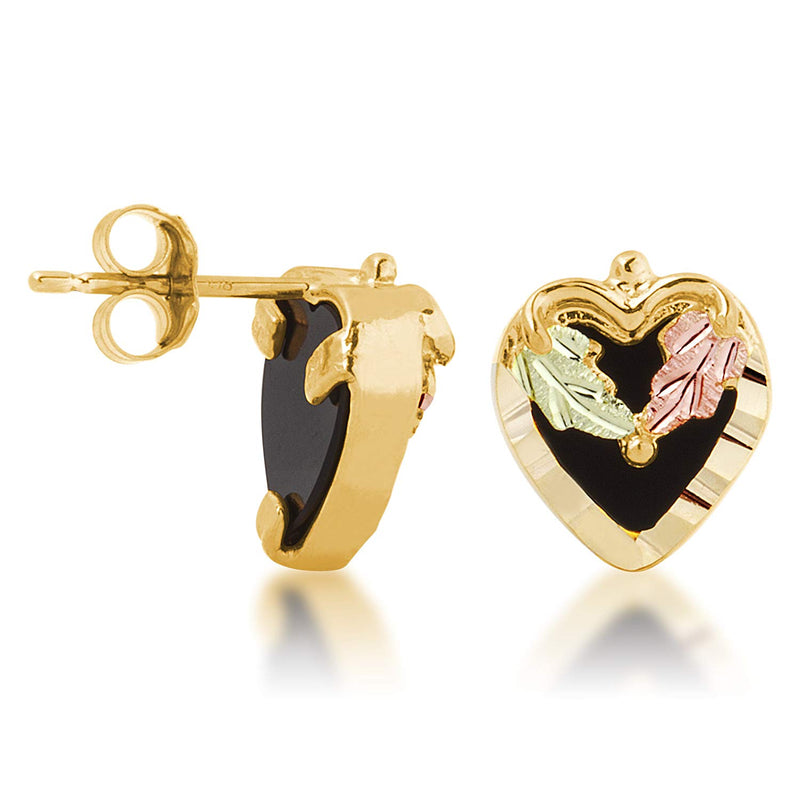 Inlaid Onyx Heart Earrings, 10k Yellow Gold, 12k Green and Rose Gold Black Hills Gold Motif