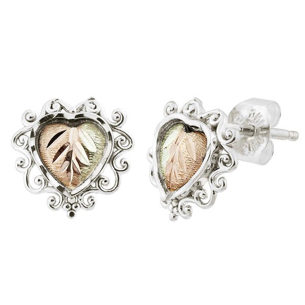 Scrollwork Heart Stud Earrings, Sterling Silver, 12k Rose and Green Gold Black Hills Gold