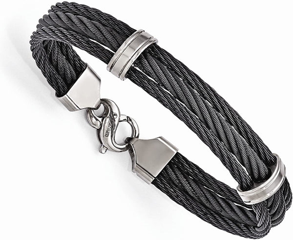 Men's Triple Strand Titanium Black Titanium Memory Cable 11mm Bracelet, 7.5"