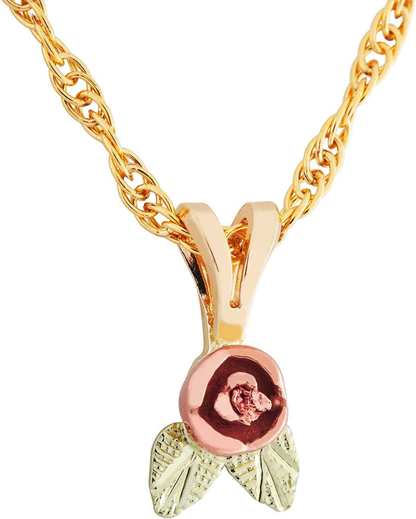Ave 369 Beautiful Rose Flower Pendant Necklace, 10k Yellow Gold, 12k Green and Rose Gold Black Hills Gold Motif, 18"