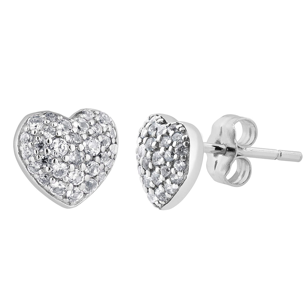 Pave CZ Heart Stud Earrings, Rhodium Plated Sterling Silver