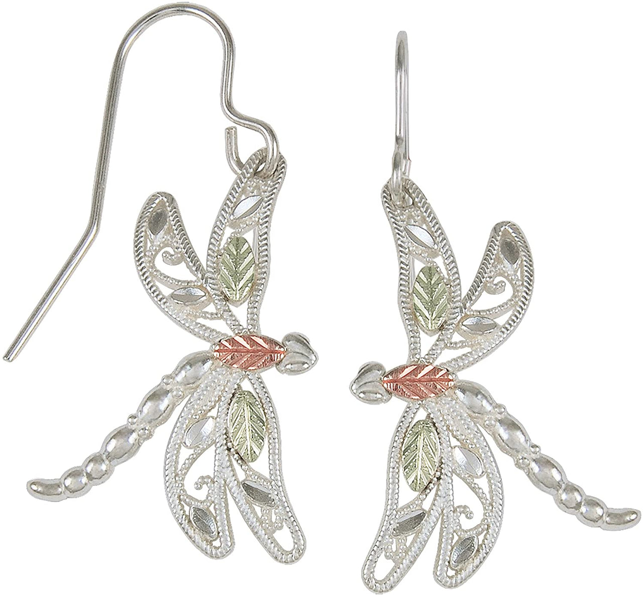 Filigree Dragonfly Earrings, Sterling Silver, 12k Green Gold, 12k Rose Gold Black Hills Gold