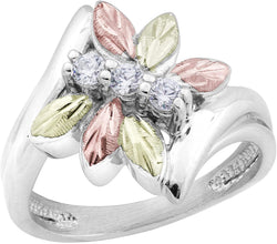 Rhodium-Plated Sterling Silver Six Leaf CZ Dragonfly Bypass Ring, 12k Rose and Green Gold Black Hills Gold
