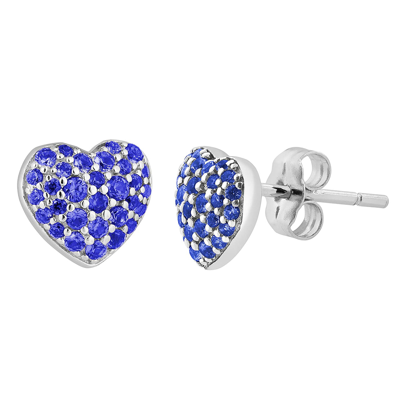 Bodacious Blue CZ Heart Stud Earrings, Rhodium Plated Sterling Silver