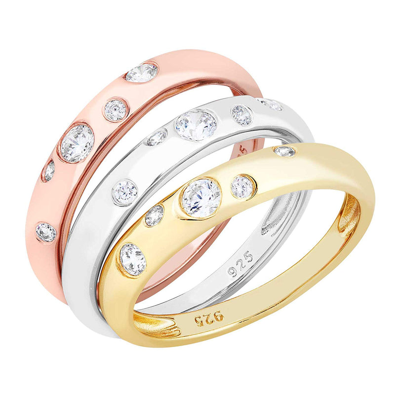 Three Gypsy-Set CZ Stacking Rings, Tri-Color Rhodium Plated Sterling Silver