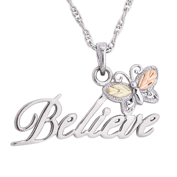 Ave 369 'Believe' Text with Butterfly Pendant Necklace, Sterling Silver, 12k Green and Rose Gold Black Hills Gold Motif, 18"