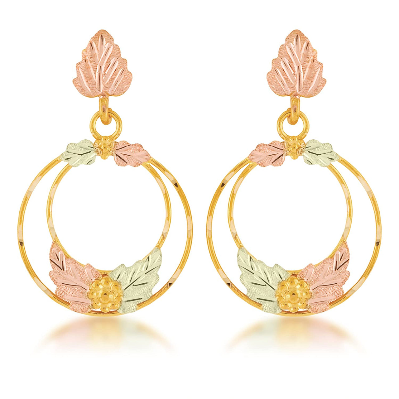 Dangling Dual Circle Earrings, 10k Yellow Gold, 12k Green and Rose Gold Black Hills Gold Motif