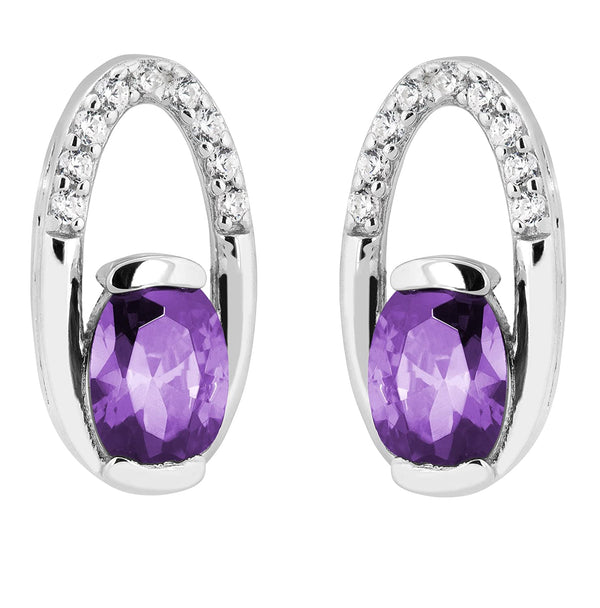 Purple Passion CZ Oval Stud Earrings, Rhodium Plated Sterling Silver
