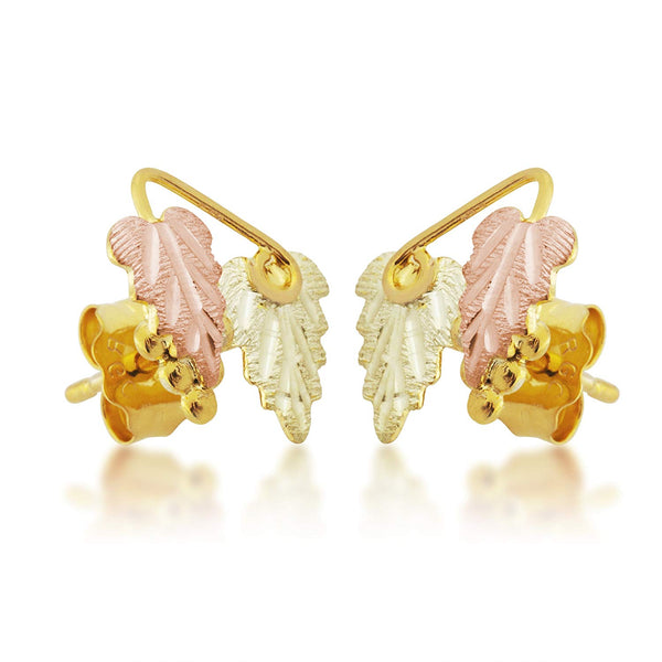 Two Leaves with Grapes Earrings, 10k Yellow Gold, 12k Green and Rose Gold Black Hills Gold Motif