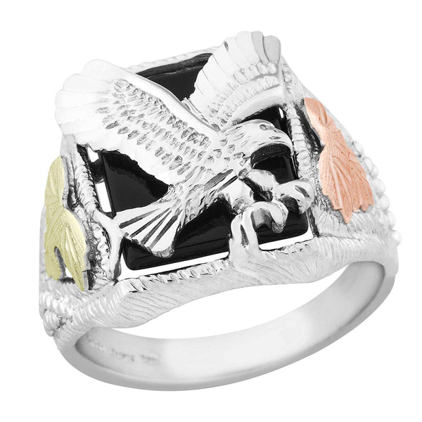 Onyx Eagle Ring, Sterling Silver, 12k Green and Rose Gold Black Hills Gold Motif