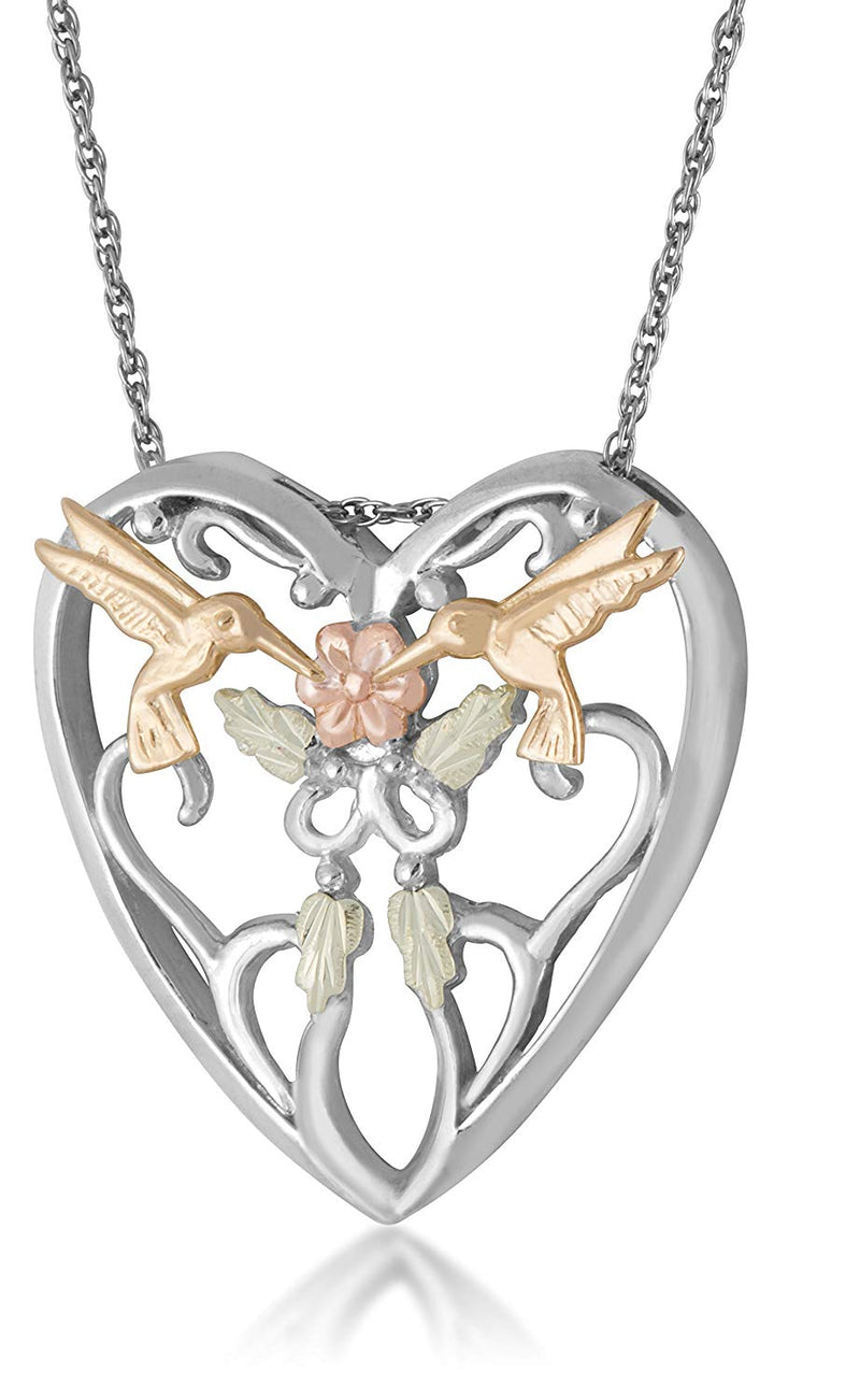 Heart with Hummingbird Pendant Necklace, Sterling Silver, 12k Green and Rose Gold Black Hills Gold Motif, 18"