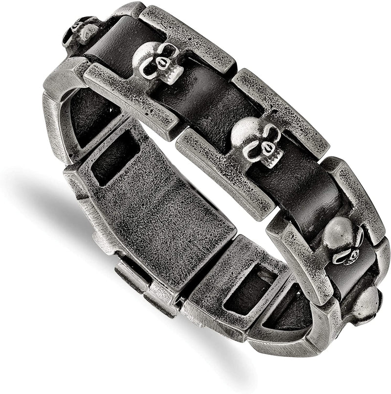 Men's Skull Black Leather 19mm Brushed Stainless Steel Buckle-Clasp Bracelet, 9 Inches