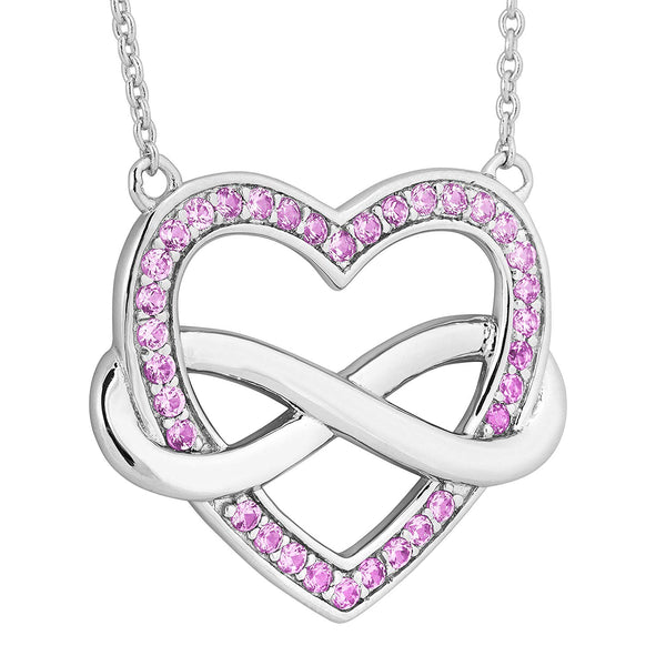 Precious Pink CZ Infinity Heart Pendant Necklace, Rhodium Plated Sterling Silver, 18"