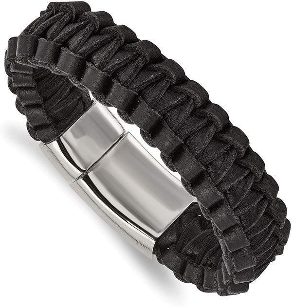 Men's Stainless Steel Flat Braided Black Leather Bracelet, 8.5 Inches