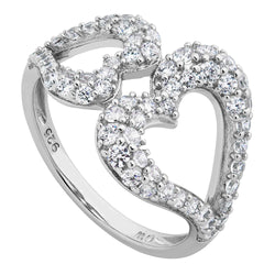 Two Hearts Open-Cut CZ Ring, Rhodium Plated Sterling Silver