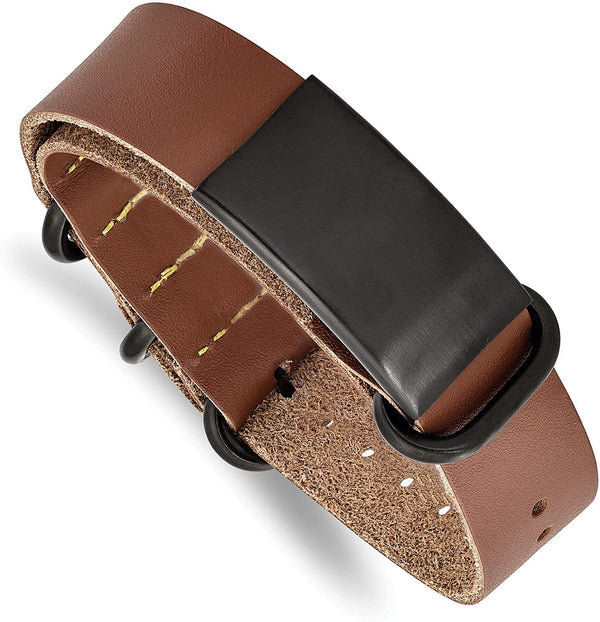 Men's Brown Leather, Brushed Black IP, Stainless Steel Adjustable ID Buckle-Clasp Bracelet