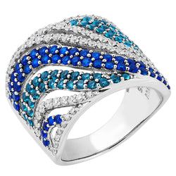 Ocean Blues and White CZ Wave Band, Rhodium Plated Sterling Silver