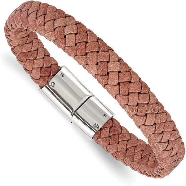 Men's Woven Brown Braided Leather Stainless Steel Magneic- Clasp Bracelet, 8.25 Inches