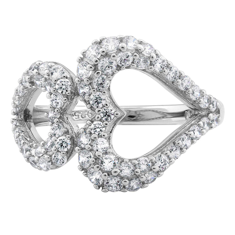 Two Hearts Open-Cut CZ Ring, Rhodium Plated Sterling Silver