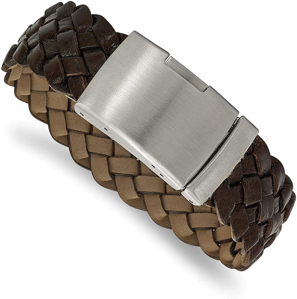 Men's Brown Leather Brushed Stainless Steel Buckle- Clasp Bracelet, 9 Inches