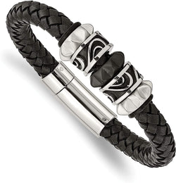 Men's Black Leather, Brushed Black IP, Stainless Steel Magnetic-Clasp Bracelet, 8.5 Inches