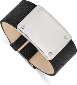 Men's Black Leather Stainless Steel Buckle-Clasp Bracelet, 8.5 Inches
