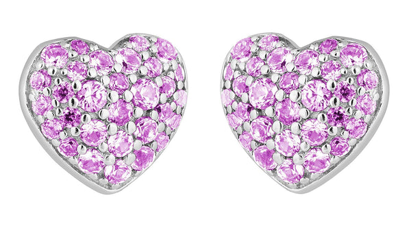 Precious Pink Pave CZ Heart Stud Earrings, Rhodium Plated Sterling Silver