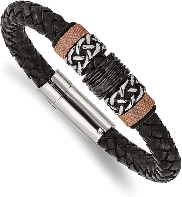 Men's Black Rubber and Braided Leather Black IP, Brown IP, Antiqued Stainless Steel Bracelet, 8.5 Inches