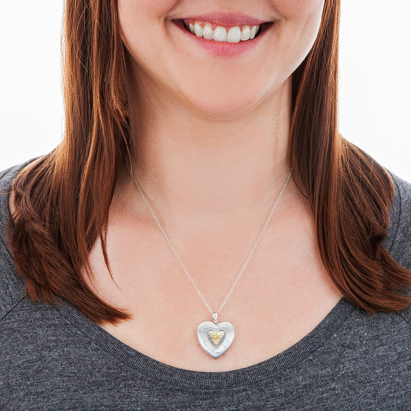 Large Heart Locket Pendant Necklace, Sterling Silver, 12k Green and Rose Gold Black Hills Gold Motif, 18"