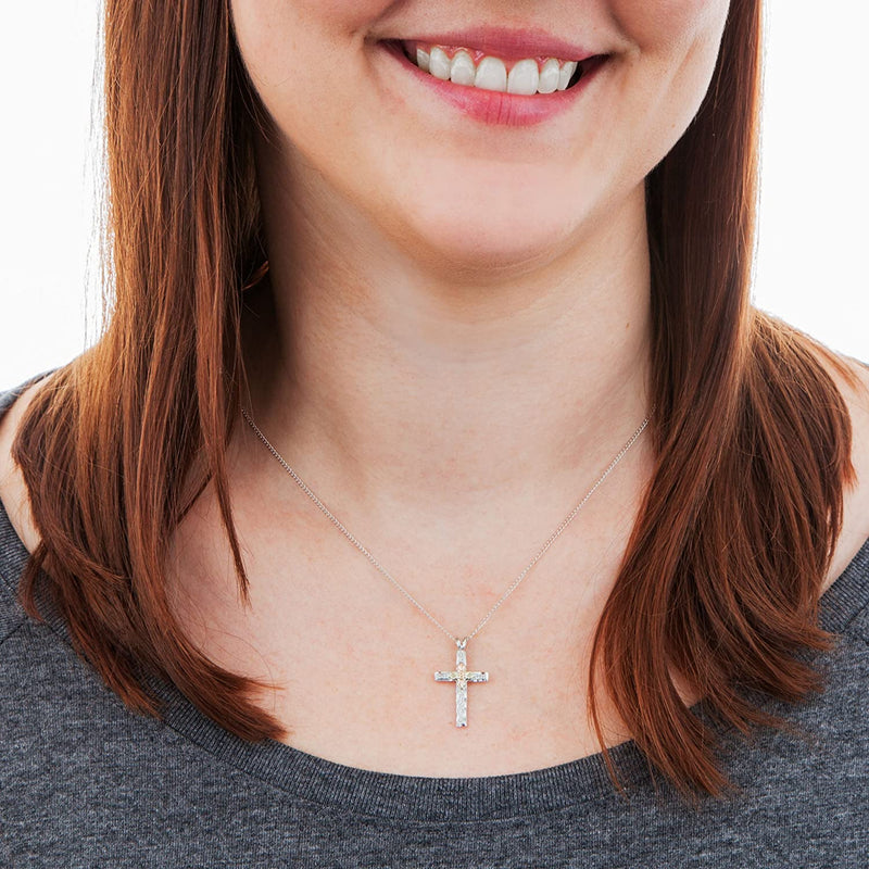 Beveled Edge Cross Pendant Necklace, Sterling Silver, 12k Green and Rose Gold Black Hills Gold Motif, 18"