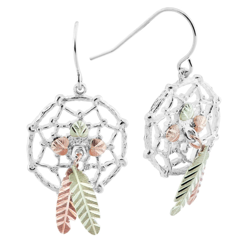 Ave 369 Dream Catcher Feather Earrings, Sterling Silver, 12k Green Gold, 12k Rose Gold Black Hills Gold