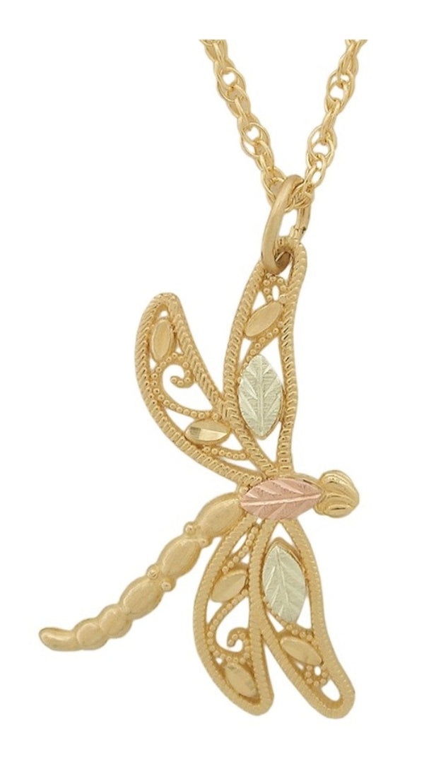 Ave 369 Filigree Dragonfly Pendant, 10k Yellow Gold, 12k Rose and Green Black Hills Gold 18 Inches