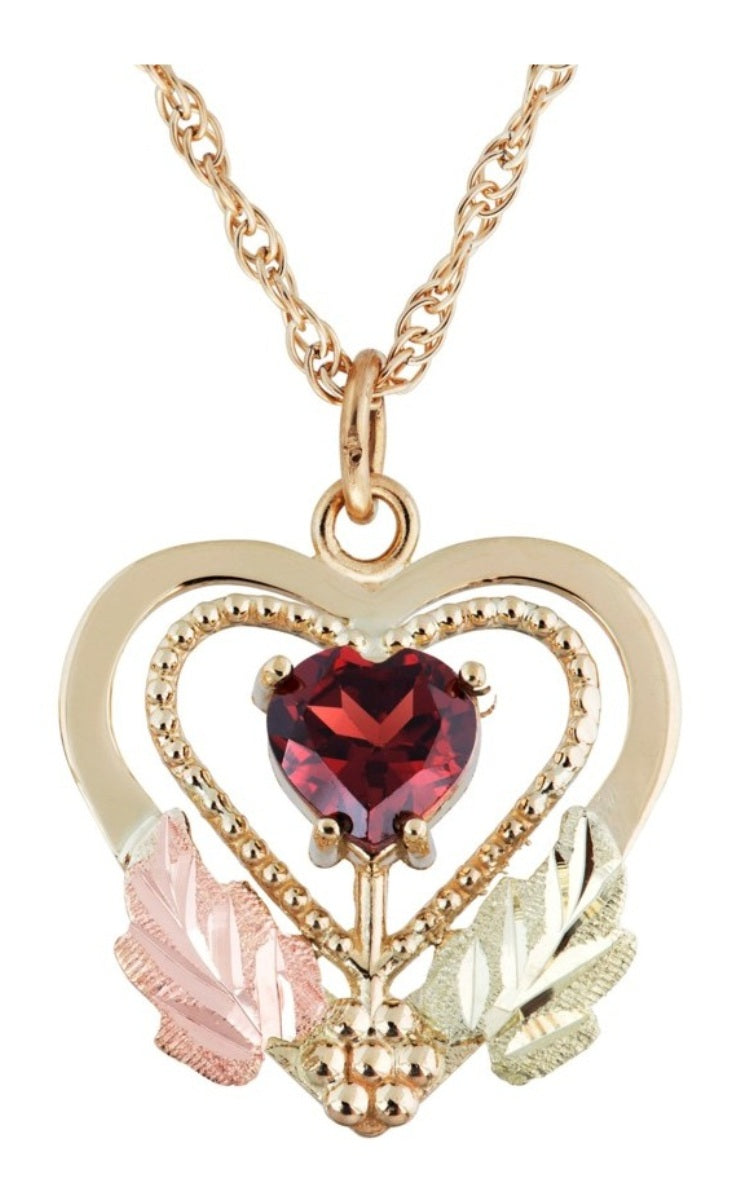 Ave 369 Garnet Heart January Birthstone Pendant Necklace, 10k Yellow Gold, 12k Green Gold, 12k Rose Gold Black Hills Gold, 18"